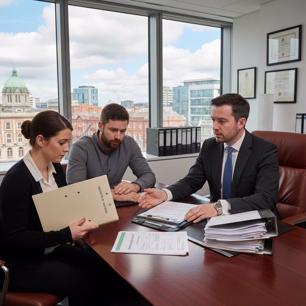 Solicitor explaining legal documents to a couple during an office consultation