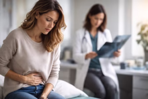 Woman holding a tissue after a medical consultation, with doctor in the background.