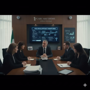 The solicitor is holding a tablet that displays a flowchart with legal concepts related to medical negligence claims, such as "Medical Negligence