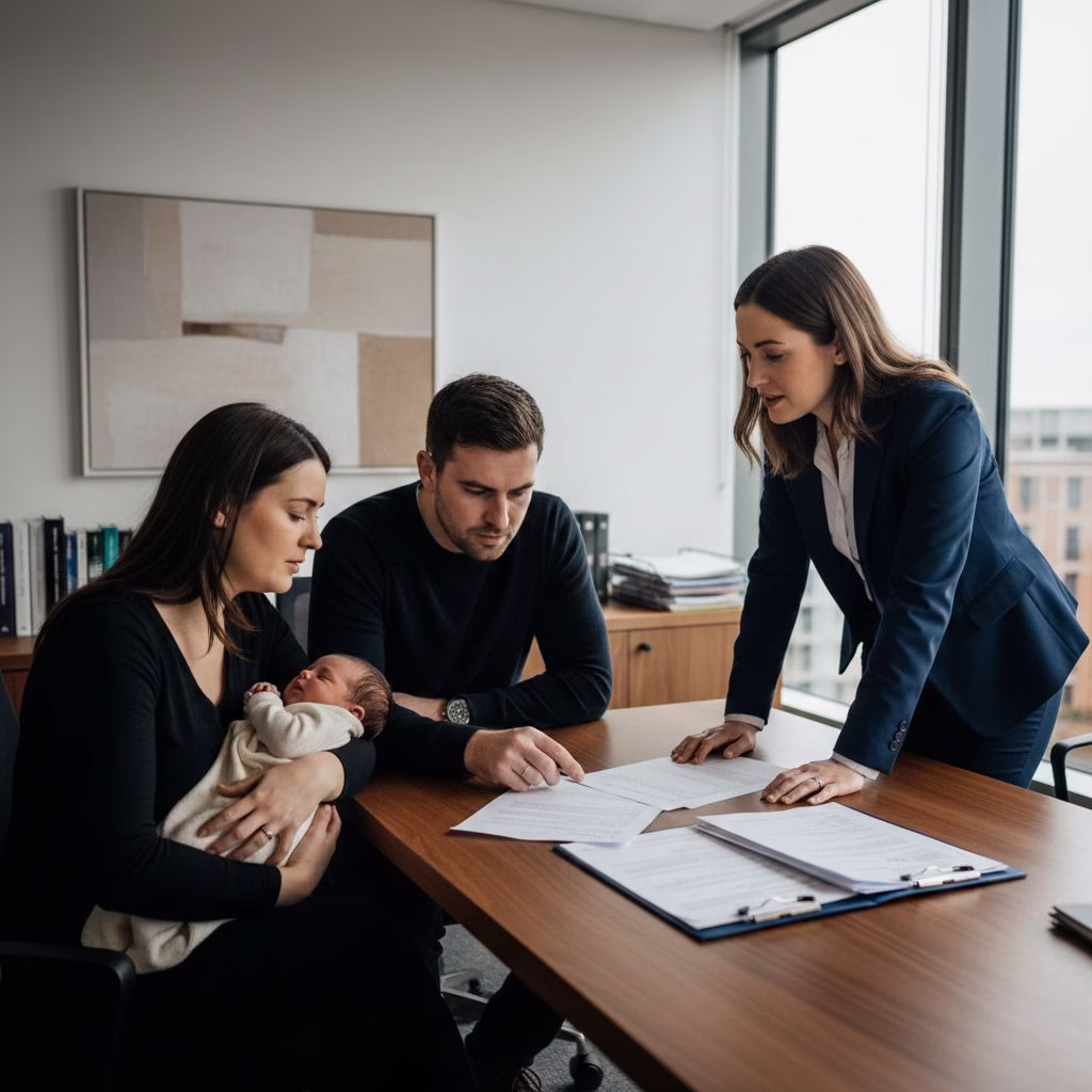 “Parents with a newborn meet a lawyer, reviewing legal documents in a modern office.”
