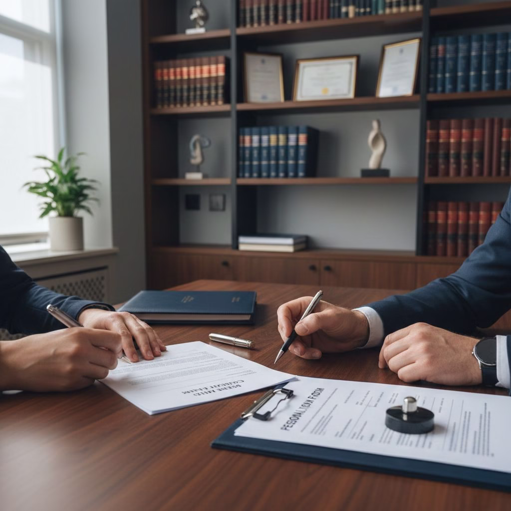 Lawyer reviewing legal documents with a couple in an office.