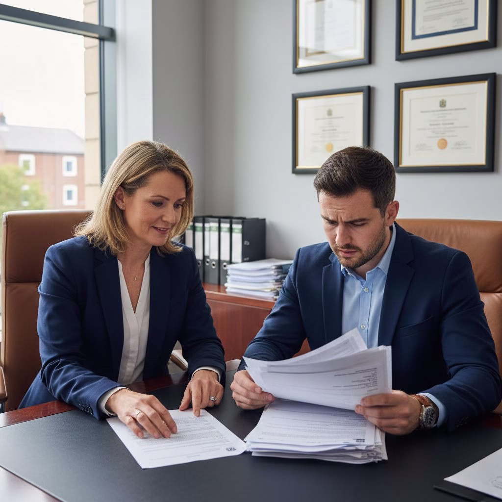 Two lawyers examining paperwork during a professional legal consultation