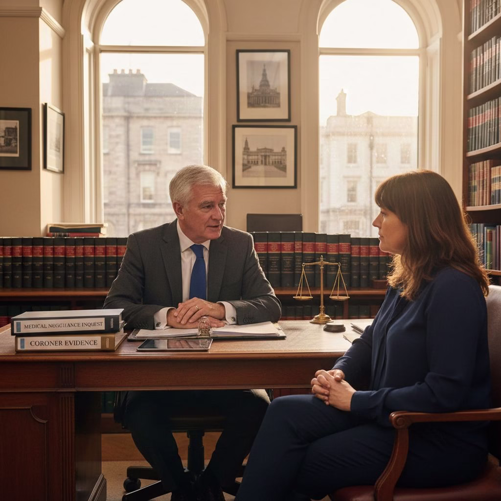 Lawyer discussing a medical negligence case with a client in an office.