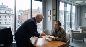 Lawyer discussing legal documents with an older man in a modern office overlooking the city.