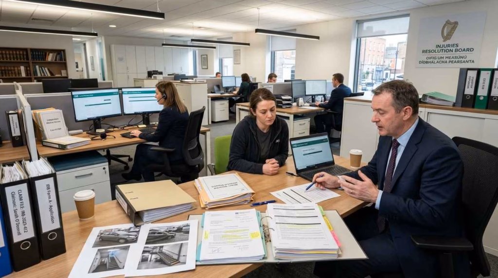 Personal injury claim documents being reviewed in professional Irish PIAB office environment